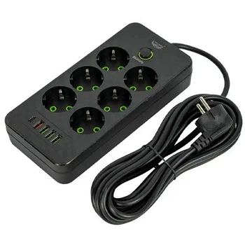 Сетевой фильтр удлинитель 5м 6 розеток та 5 USB QC PD 10А 2.5кВт EU-2506PD (118114)