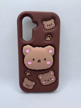 Детский резиновый чехол Bear для Samsung Galaxy A36 с подставкой держателем Коричневый