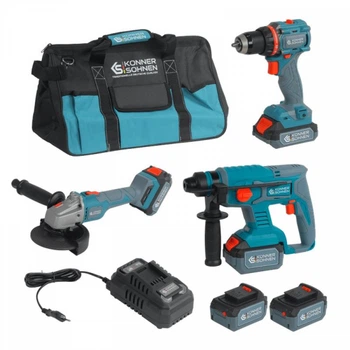 Набор из трех аккумуляторных инструментов Konner&Sohnen ks rhagd 20v set 3 20в дрель, шлифмашина угловая, перфоратор, быстрый зу 4.5а акб 2х4А·час сумка 7.5кг ksrhagd20vset3