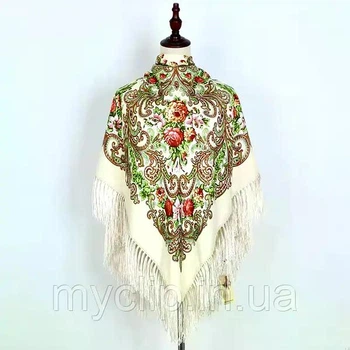 Украинский народный платок с китицями 120х120см Молочно - Зеленый