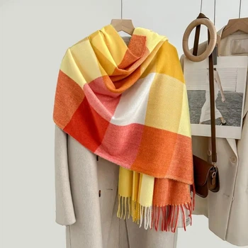 Зимний кашемировый шарф палантин в клетку Cashmere с бахромой 185х68см Оранжево - Желтый