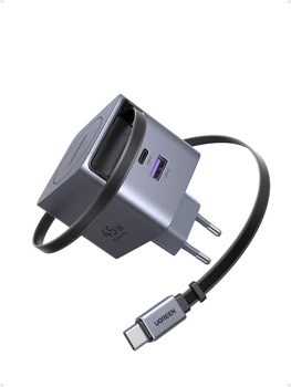Зарядное устройство Ugreen Nexode Pro X614 GaN 45W выдвижной кабель USB-C 70 см + USB-C + USB-A Серый (65822)