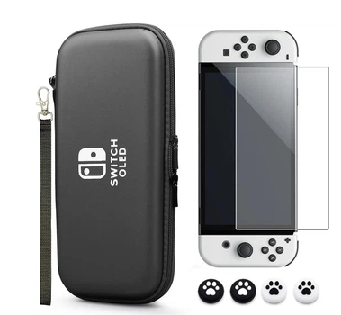 Защитный комплект для Nintendo Switch OLED прочный кейс 1 шт + закалённое стекло 1 шт + силиконовые накладки 4 шт. Black