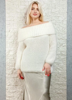 Светр фактурної в’язки з широкою горловиною білий Italy Moda M-XL 22-025