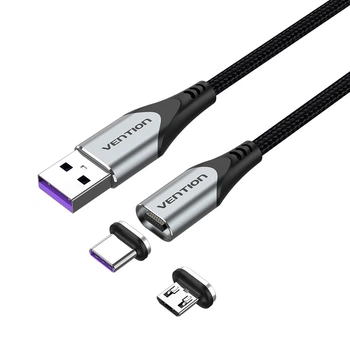 Магнитный кабель Vention 2 в 1 USB-A - Micro USB / USB-C 5А 1.5 м Серый (CQNHG)