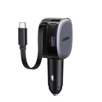 Автомобильное зарядное устройство Ugreen EC601 USB-C + USB-A 75W PD QC PPS выдвижной кабель USB-C 75 см Черный (55653)