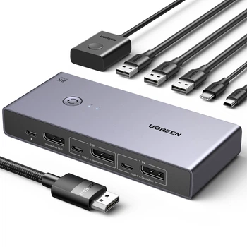 KVM-переключатель Ugreen CM695 DisplayPort 1.4 для 2 ПК 8K 60Hz 4K 240Hz 3xUSB-A USB-C 5 Гбит/с с пультом Серый (25962)