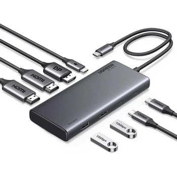 Док-станція Ugreen CM639 8-в-1 USB-C 2xHDMI DisplayPort 2xUSB-A/2xUSB-C 3.2 10 Гбіт/с PD 100W 4K 60Hz 30 см Сірий (35625)