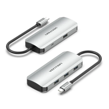USB-хаб Vention USB-C > 4x USB 3.0 5 Гбіт/с OTG, дод. живлення Micro-B, Алюміній 0.15 м Сірий (TNAHB)