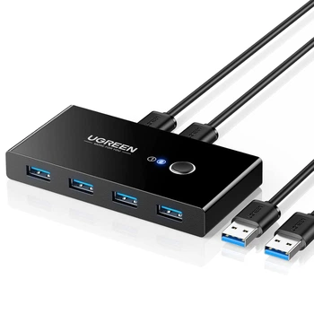 USB-переключатель Ugreen US216 USB 3.0 2 в 4 порта 5 Гбит/с Micro USB 5V + 2 кабеля 1.5 м Черный (30768)