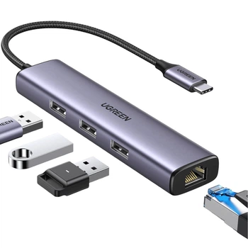 USB-хаб Ugreen CM475 USB-C > 3xUSB 3.0 + RJ45 1000 Мбіт/с Темно-сірий (60600)