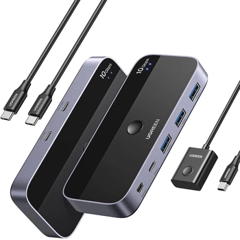 USB-переключатель Ugreen CM691 USB 3.2 Gen 2 10 Гбит/с 2 входа 4 выхода 3xUSB-A + 1xUSB-C с пультом ДУ Темно-серый (25164)