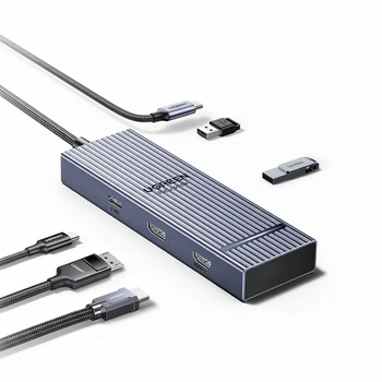 USB-хаб Ugreen CM880 7-в-1 USB-C > HDMI 4K-60Гц DisplayPort 8K-30Гц 4x USB-A PD 100W 30 см Темно-сірий (55610)