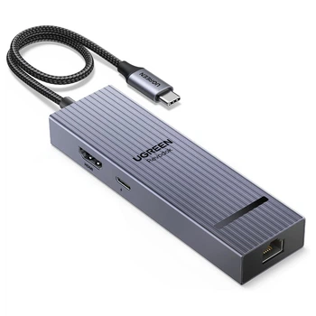 USB-хаб Ugreen CM828 6-в-1 USB-C HDMI 4K 60Hz, RJ45, USB 3.2 10 Гбит/с, PD 100W 20 см Серый (45364)
