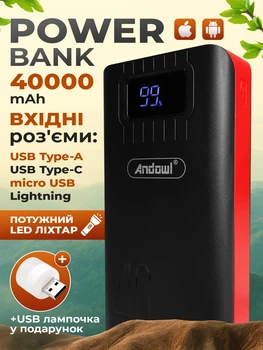 Повербанк умб 40000 mah power bank Andowl Q-CD701X1 павербанк з usb ліхтариком павер повір банк для телефону роутера powerbank зовнішній портативний акумулятор з дисплеєм повербанки великої ємності павербанки пауербанки на 40000mah червоно чорний