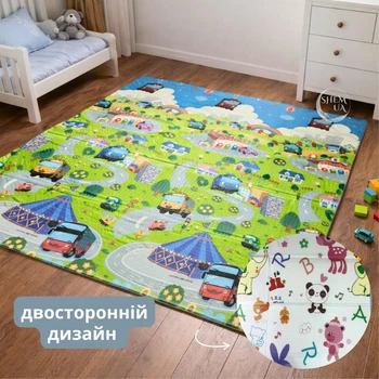 Термокилимок дитячий ігровий двосторонній 176x146 см із принтом Дорога/Тварини, розвивальний м’який складаний килимок з водостійким покриттям для дітей і немовлят, KT1815-Roads/Animals