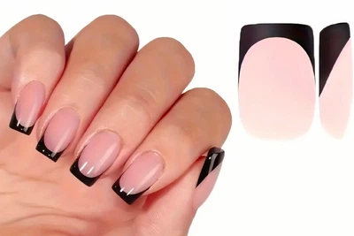 Гелевые типсы для наращивания с французским маникюром Soft Gel глянцевые квадрат S 150 шт натуральній с черной линией френча (413)