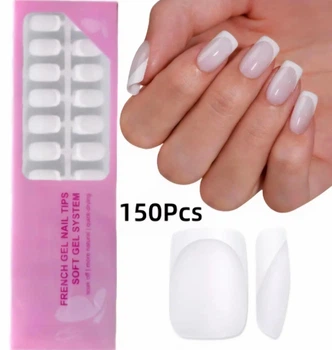 Гелеві тіпси для нарощування з французьким манікюром Soft Gel матові Квадрат S 150 шт молочно-білі (410)