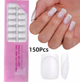 Гелеві тіпси для нарощування французький манікюр Soft Gel глянцеві форма Квадрат короткий S 150 шт молочні с білим френчем (019)