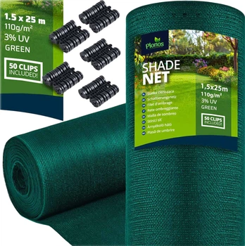 Тіньова сітка Plonos 1.5 x 50 м + 50 затискачів Зелена (454301)