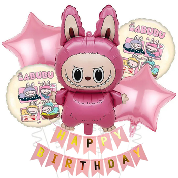 Фонтан Із Кульок Рожевий Labubu Лабубу З Прапорцями Happy Birthday