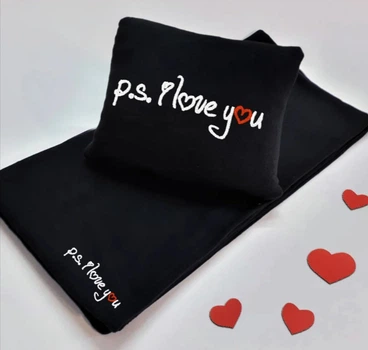 Набір плед та подушка "p.s I LOVE you" 150×145 см, 30×30 см Чорний (ПП205)