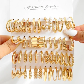 Большой набор серёжек-колечек Fashion Jewelry золотистых 48 штук