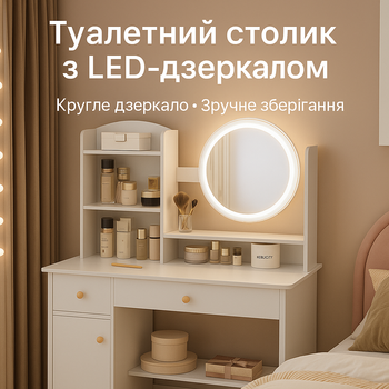 Туалетний столик для макіяжу STL-MD 73 з дзеркалом та LED-підсвіткою, з поличками та шухлядами Білий