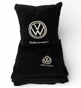 Плед и подушка в авто с вышитым логотипом VOLKSWAGEN черный флис 260г/м2 размер S