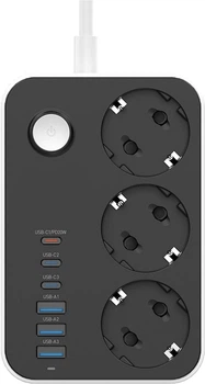 Сетевой фильтр СolorWay 3 розетки/6USB (3 USB-A + 3 USB-С) (20W) 2 м Black (CW-CHE36PDB)
