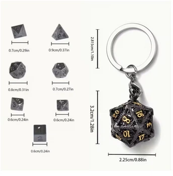 Брелок для ключей в виде DND кубика — набор игровых кубиков D&D 7-в-1 в металлическом корпусе, брелок для настольных игр чорного цвета (122916627)