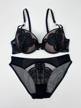 Бюстгальтер пуш-ап с кружевом сетчатый с чашкой C ISSA PLUS BL3-97 90C/XXL черно-бежевый (issa2007682707119)