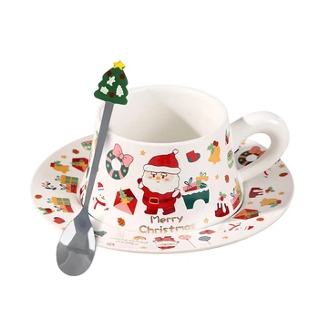 Чашка Lesko "Merry Christmass" Санта-Клаус JJX005 White с блюдцем с ложкой в подарочной упаковке