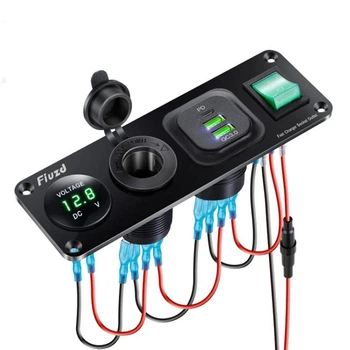 Автомобильная зарядка двойная 2 USB + PD Type-C роз'єм QC 3.0 панель розеток. Гнездо прикуривателя с кнопкой Зеленая подсветка (00077)