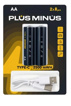 Аккумуляторные батарейки AA PLusMinus 1.5V пальчиковые перезаряжаемые 2500mwh с USB Type-C зарядкой (комплект 2шт)