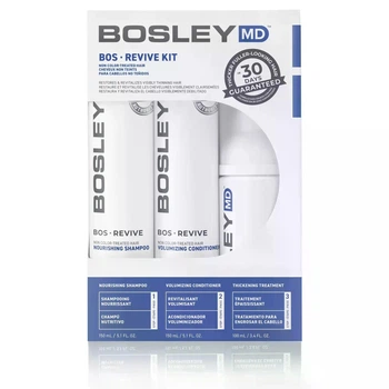 Набор Bosley BOS Revive для восстановления истонченных неокрашенных волос: Питательный шампунь + Кондиционер для объема + Уплотняющий уход