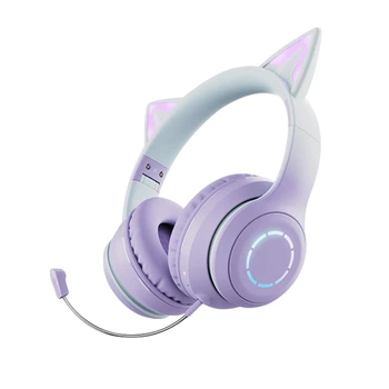 Беспроводные детские наушники PowerMe Kitty с ушками и RGB-подсветкой съемный микрофон Violet
