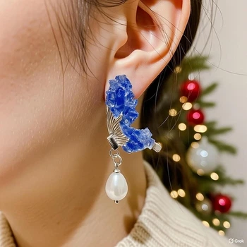 Серьги крылья бабочки с жемчугом и синими камнями Fashion Jewelry серебристые