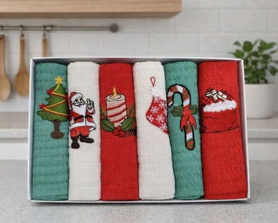 Набор новогодних полотенец кухонных Nilteks 6 штук 40х60 вафельные с вышивкой Christmas 5