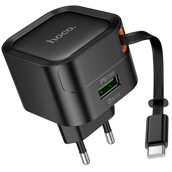 Сетевое зарядное устройство HOCO C154A Changer With Retractable Cable Type-C PD20W+QC3.0 (1USB-C) (Black) (243480)