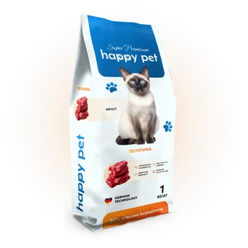 Сухий корм 1 кг для Дорослих котів з Телятиною Happy Pet