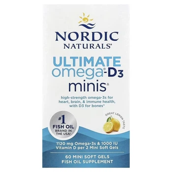Жирні кислоти Nordic Naturals Омега-3 та вітамін D3 1120 мг та 25 мкг (1000 МО) смак лимона Ultimate Omega-D3 Minis 60 міні капсул