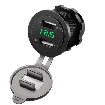 Автомобильное зарядное устройство два порта USB 12-24V врезная розетка, с вольтметром Зелёная подсветка (80050/1)