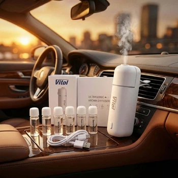 Ультразвуковий автомобільний аромадифузор Vitol з розпорошенням на повітропровід Білий (Набір 6 ароматів)
