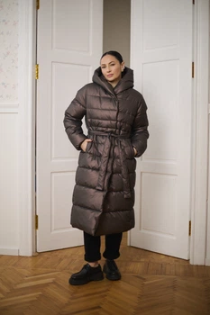 Жіноче довге пальто-пуховик із капюшоном та поясом Wear me L Коричневий (шоколадний) (10_25_WM004_10436)