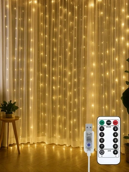 Светодиодная гирлянда-штора 3×3 м, новогодняя интерьерная, 300 LED, USB + пульт ДУ, теплый свет (9889684576)