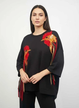 Женский свитшот oversize "Півні" с вышивкой и боковыми карманами MKNK1234 - Чорний, 54/56