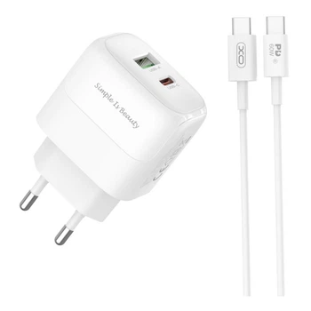 Сетевое зарядное устройство XO L137 New Logo 1USB-C/1USB PD/QC 20W в комплете кабель Type-C to Type-C 1м White