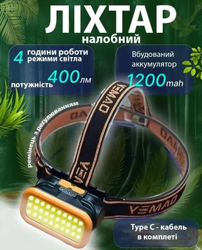 USB Led Ліхтар Фонарик на лоб Villini YM-309, Налобний Універсальный Кемпінговый Походний Портативний Инспекційний Лампочка Аккумуляторний на Батарейці