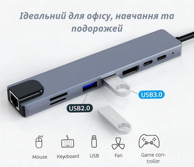 Переходник с Type-C на USB 8в1 универсальный хаб для MacBook, ноутбука, планшета, смартфона, док-станция с HDMI 4K, Ethernet RJ45, SD/TF, PD 87Вт серый YouWe 2100125